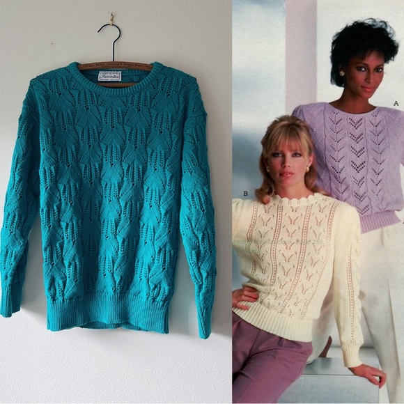Vintage Sweaters - Womens vintage 80s/90s solid teal long sleeve textured‎ cotton sweater M